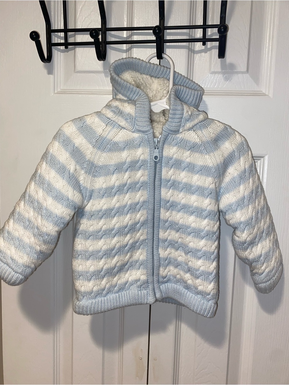 Angel Dear Light Blue and White Striped Knit Sherpa-Lined Jacket